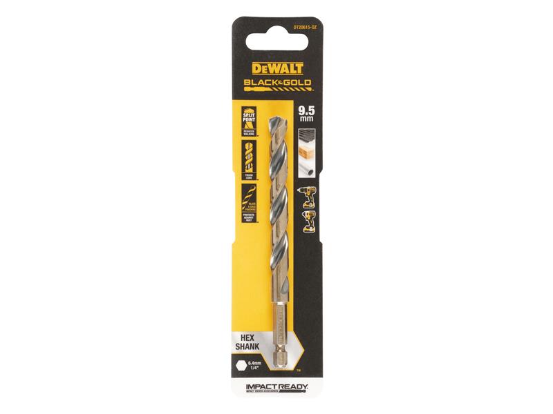 DEWALT BLACK&GOLD 1/4" Hex Shank HSS-G Drill Bit 9.5mm DEWDT20615QZ