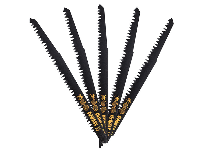 DEWALT HCS Reciprocating Blade for Wood, Fast Cuts 240mm x 5/6.5 TPI Pack of 5 DEWDT2352QZ