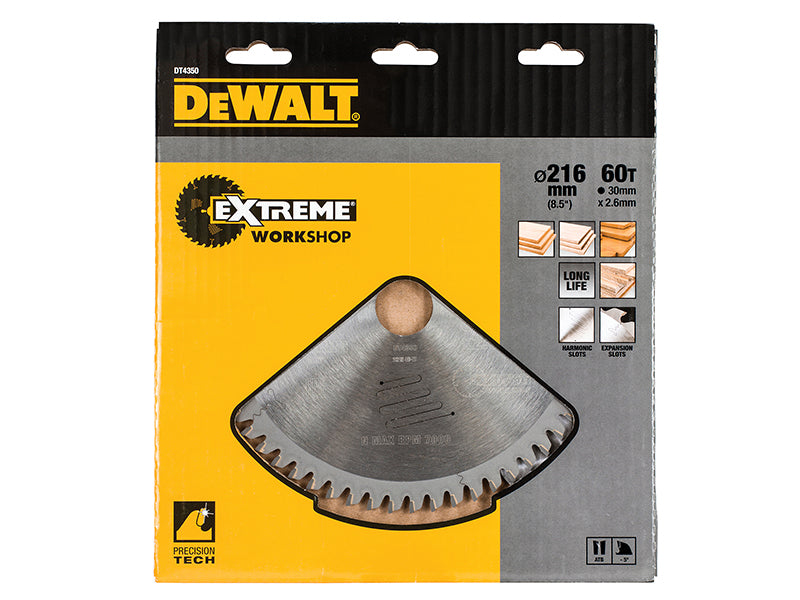 DEWALT Series 60 Wood Circular Saw Blade 216 x 30mm x 60T ATB/Neg DEWDT4350QZ