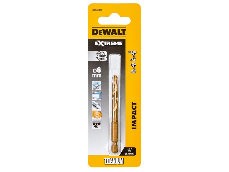 DEWALT Impact Titanium Drill Bit 6mm 1/4in Hex Shank Length 80mm DEWDT50009QZ