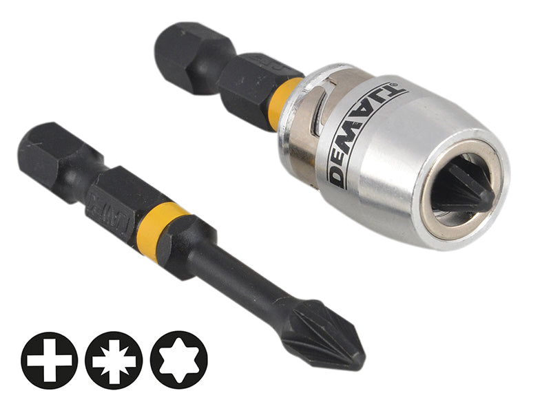 DEWALT Impact Torsion Bits PZ2 x 50mm (x2) and Magnetic Screwlock Sleeve DEWDT70535T