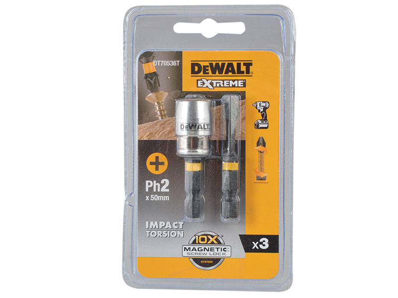 DEWALT Impact Torsion Bits PH2 x 50mm (x2) and Magnetic Screwlock Sleeve DEWDT70536T