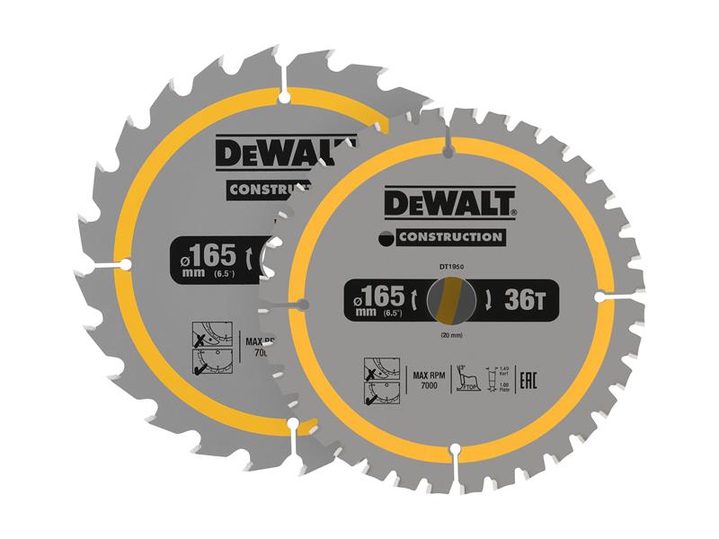 DEWALT Construction Circular Saw Blade 2 Pack 165 x 20mm x 24T/36T DT90270