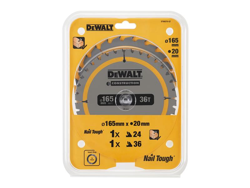 DEWALT Construction Circular Saw Blade 2 Pack 165 x 20mm x 24T/36T DT90270