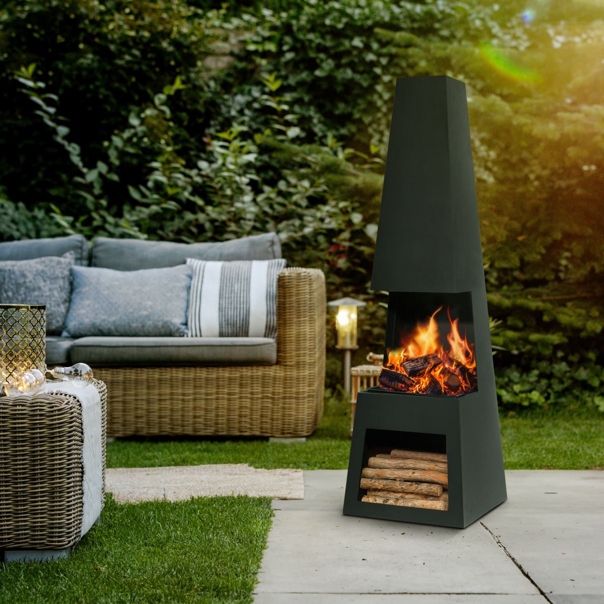 Sealey Dellonda Outdoor Chiminea Fireplace Fire Pit Heater Firewood Storage Black Steel DG107