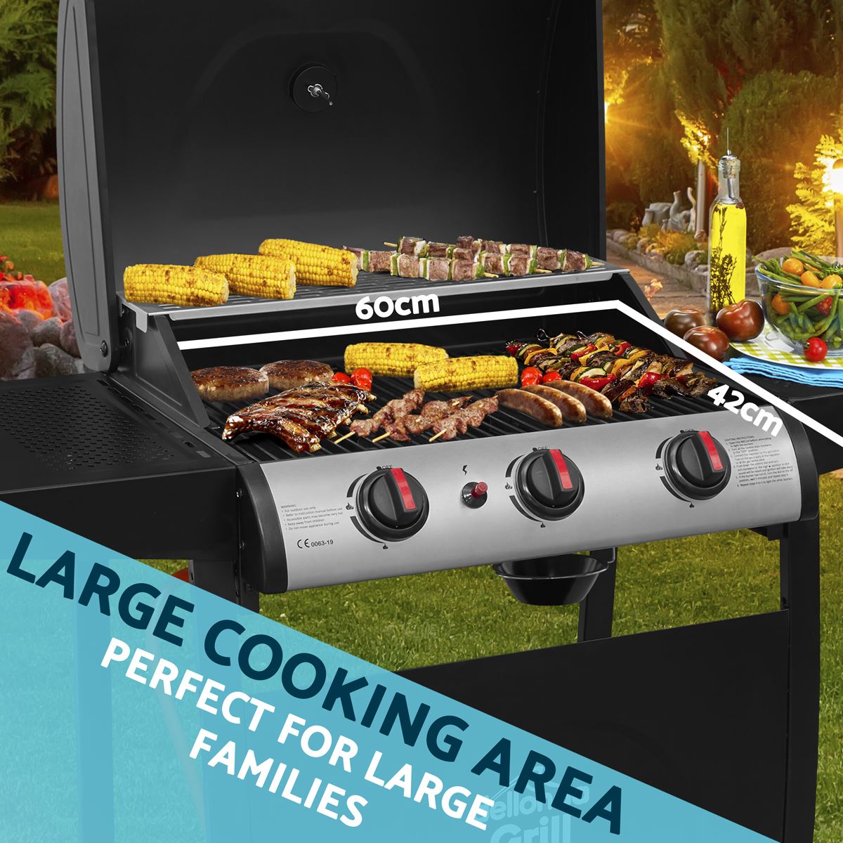 Sealey Dellonda 3 Burner Gas BBQ Grill Ignition Black Stainless Steel DG14