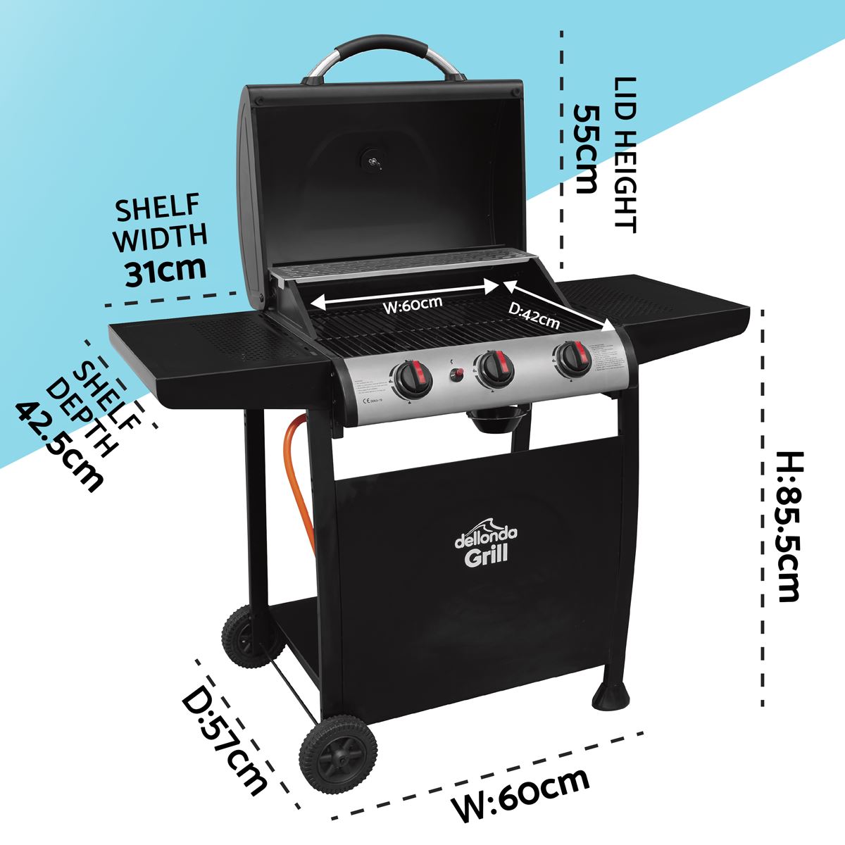 Sealey Dellonda 3 Burner Gas BBQ Grill Ignition Black Stainless Steel DG14