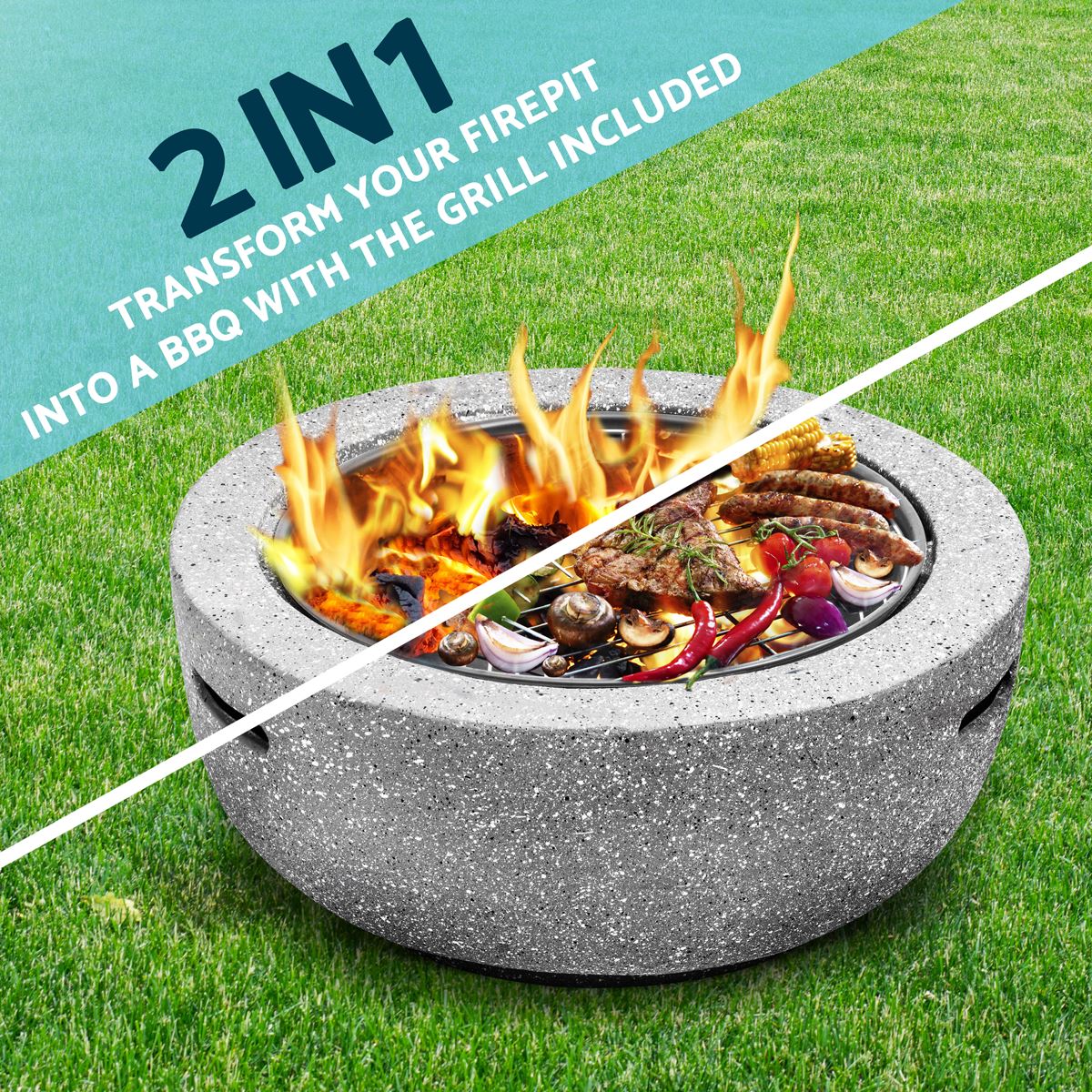 Dellonda Round MgO Fire Pit BBQ Grill 60cm Safety Mesh Screen Light Grey DG188