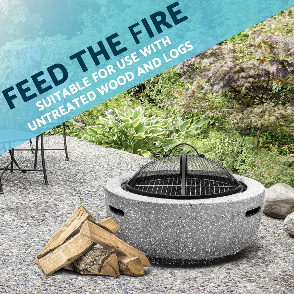 Dellonda Round MgO Fire Pit BBQ Grill 60cm Safety Mesh Screen Light Grey DG188