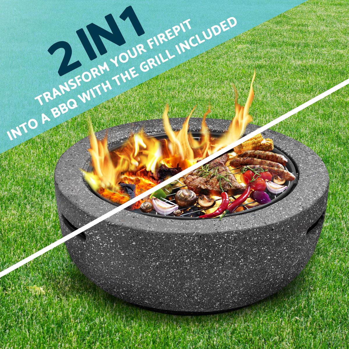 Dellonda Round MgO Fire Pit BBQ Grill 60cm Safety Mesh Screen Dark Grey DG189
