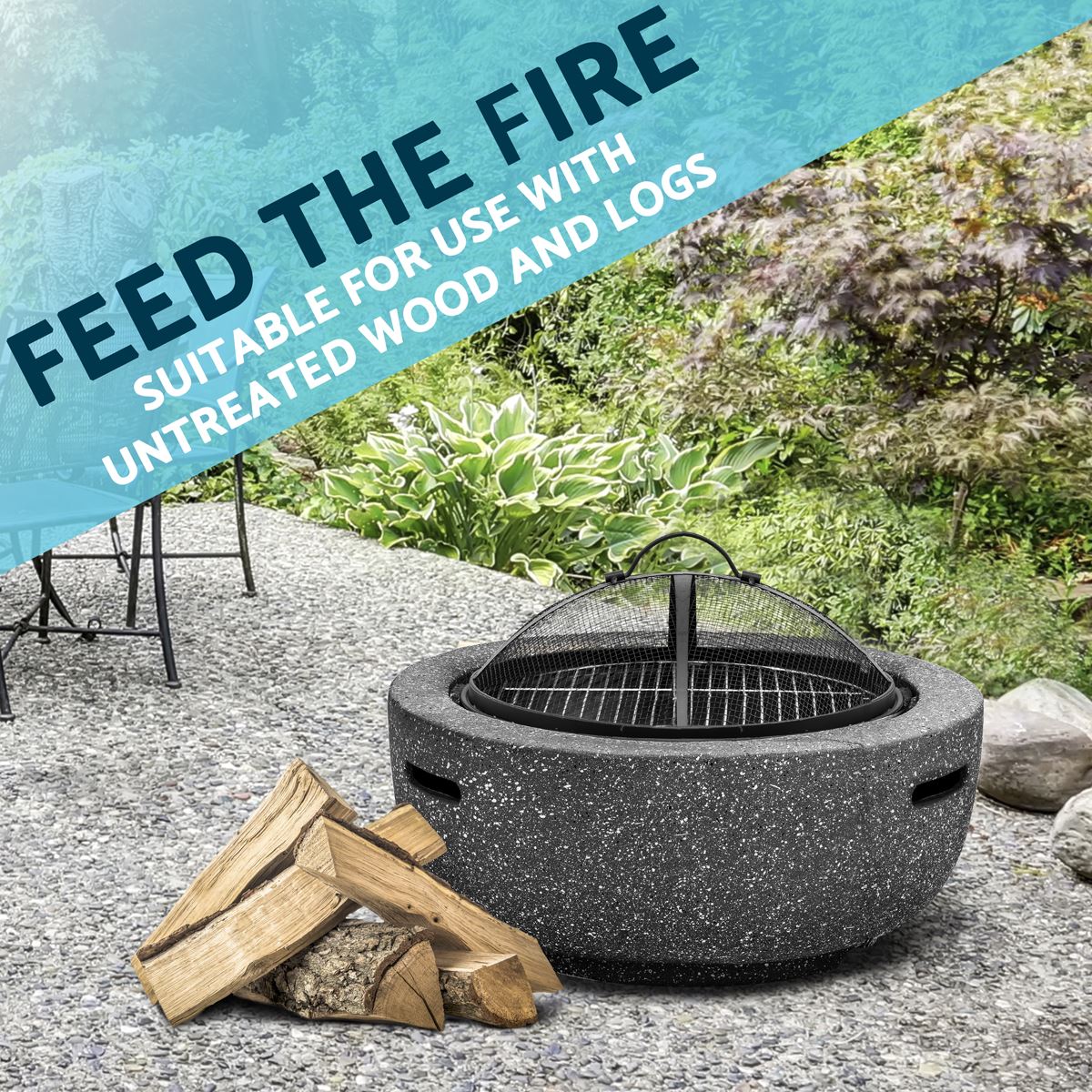 Dellonda Round MgO Fire Pit BBQ Grill 60cm Safety Mesh Screen Dark Grey DG189