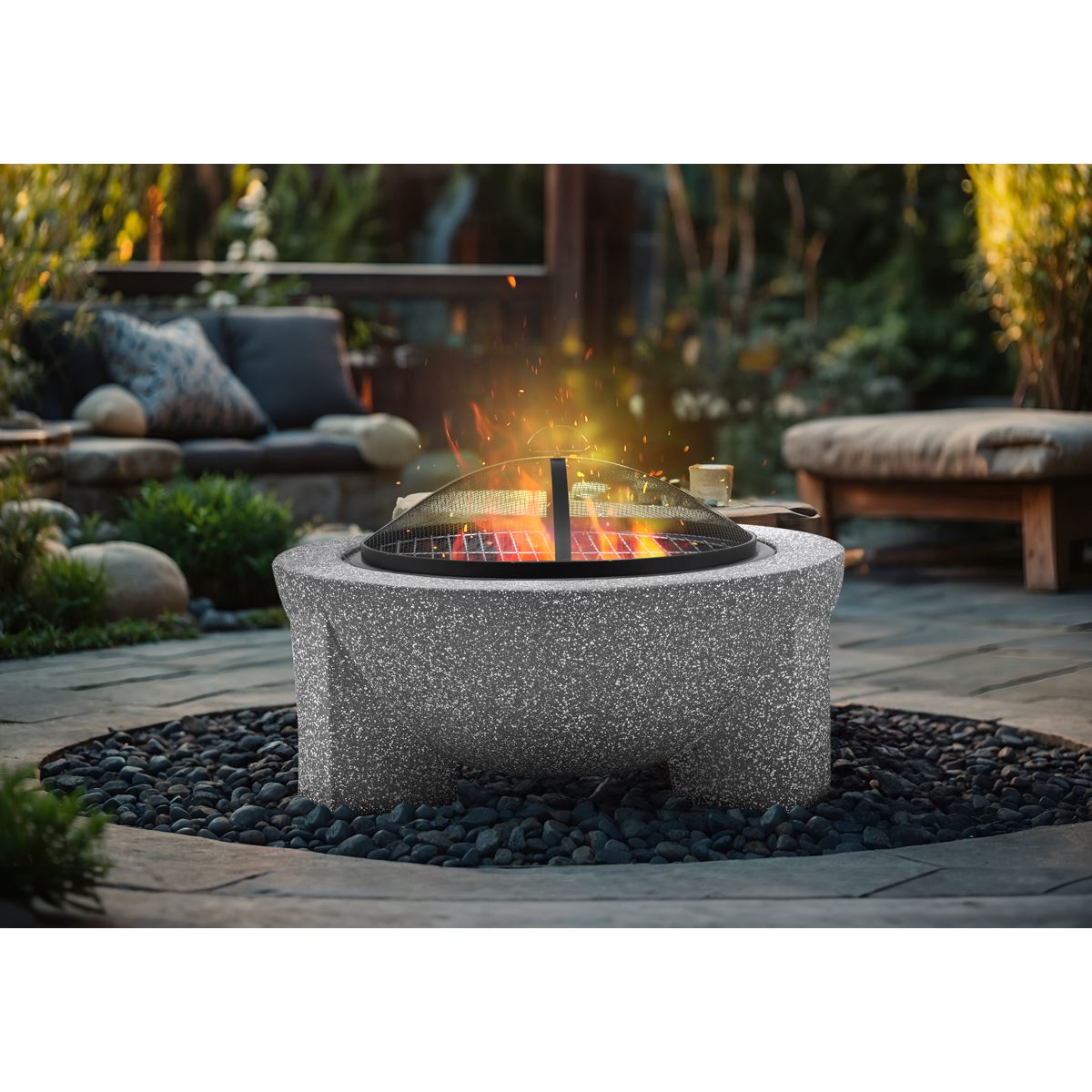 Dellonda Round MgO Fire Pit with BBQ Grill 75cm Mesh Screen Light Grey DG190