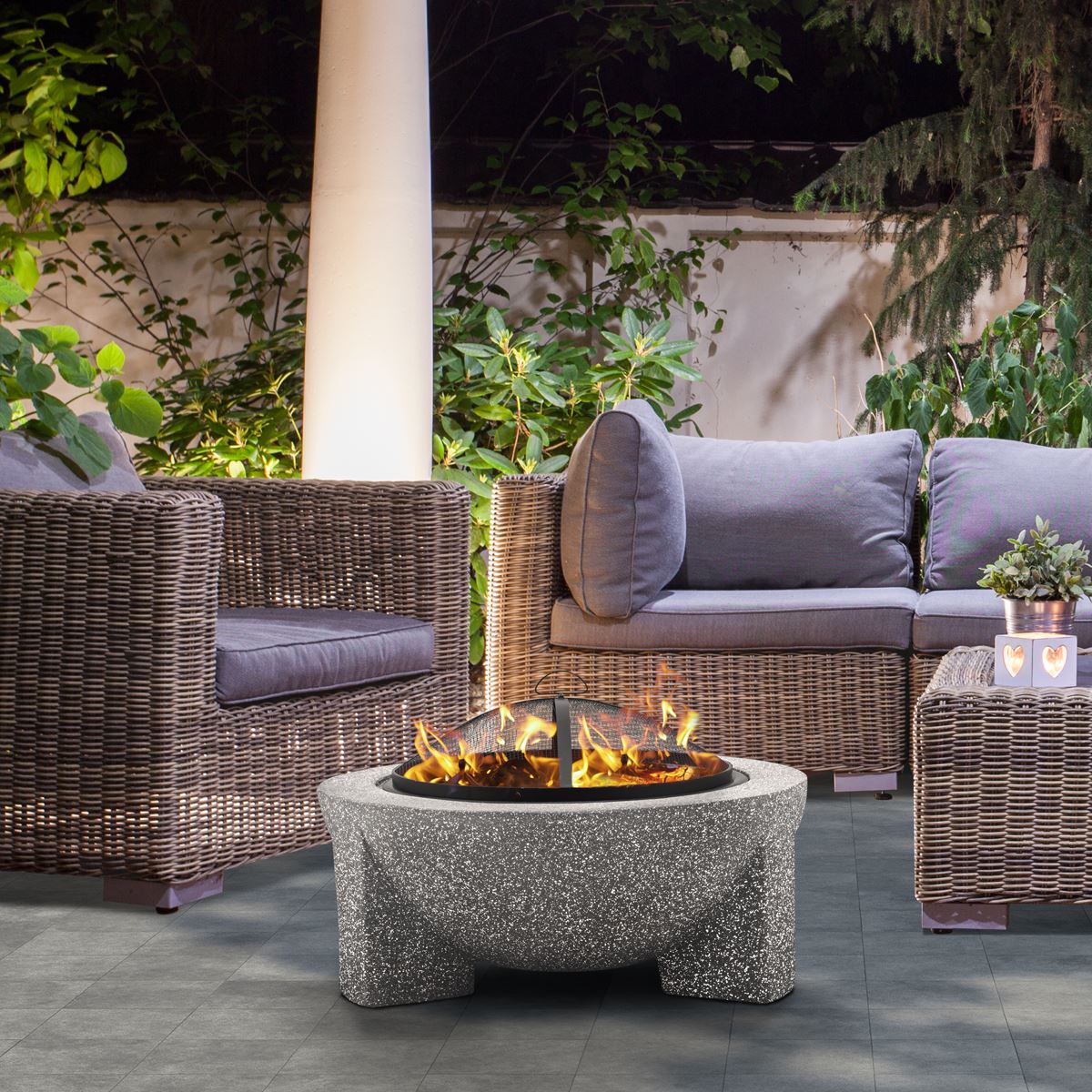 Dellonda Round MgO Fire Pit with BBQ Grill 75cm Mesh Screen Light Grey DG190