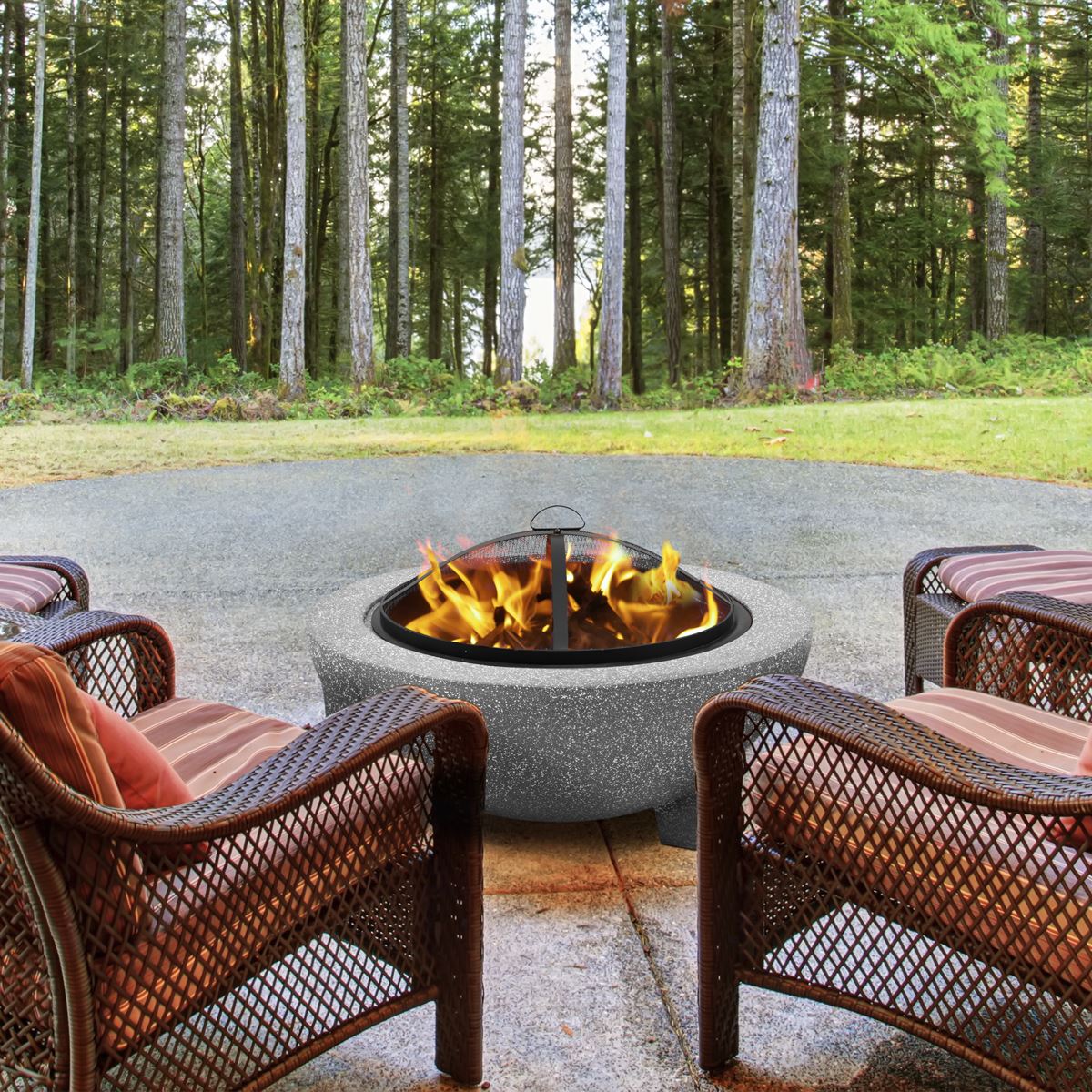 Dellonda Round MgO Fire Pit with BBQ Grill 75cm Mesh Screen Light Grey DG190