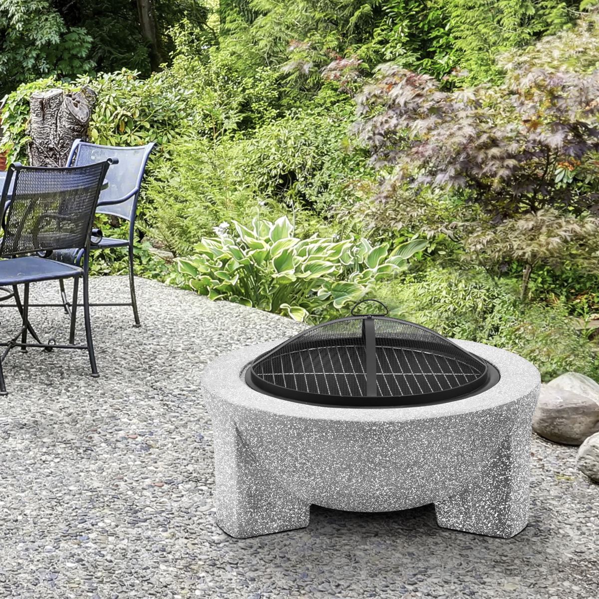 Dellonda Round MgO Fire Pit with BBQ Grill 75cm Mesh Screen Light Grey DG190