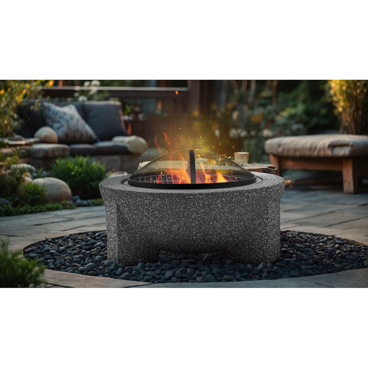 Dellonda Round MgO Fire Pit with BBQ Grill 75cm Mesh Screen Dark Grey DG191