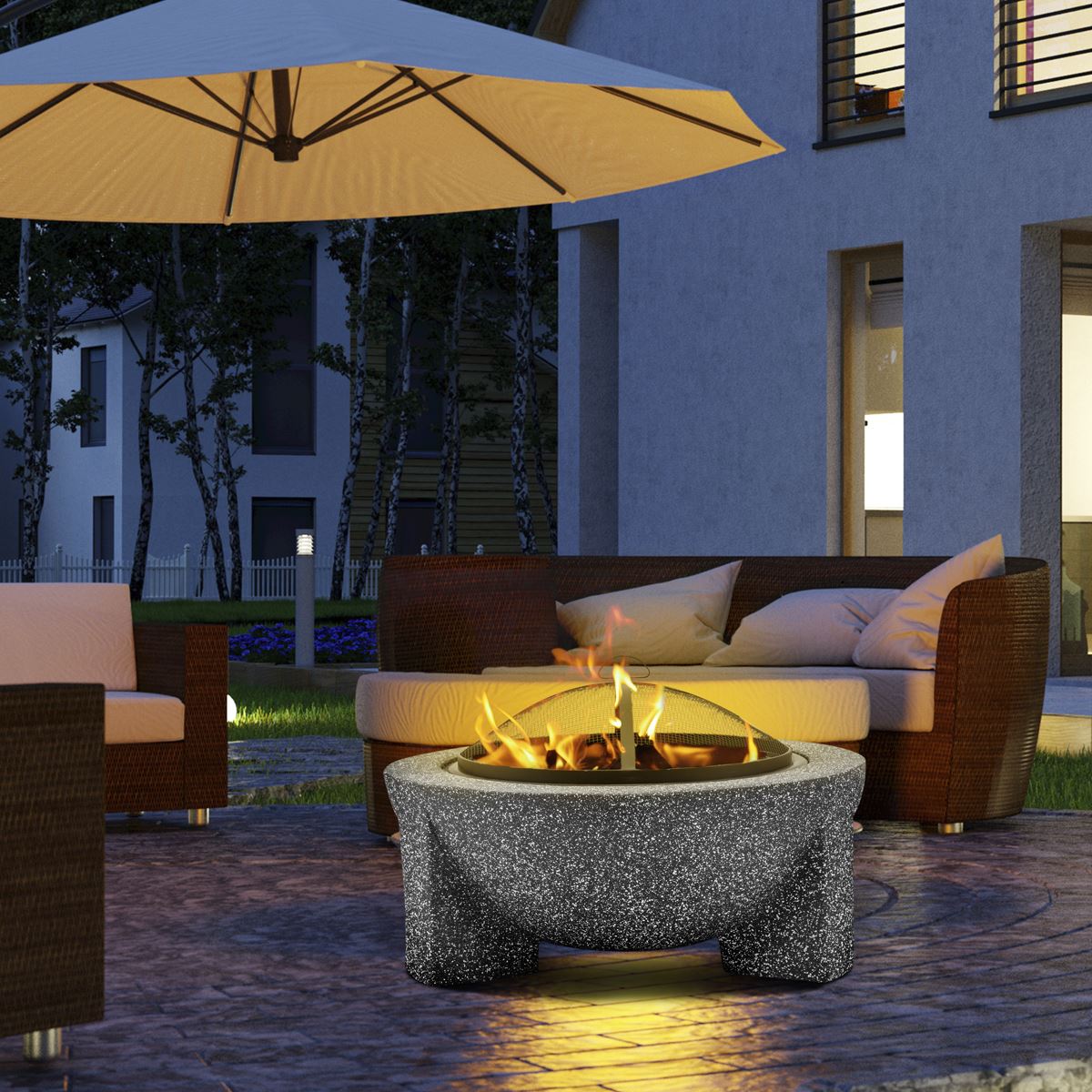 Dellonda Round MgO Fire Pit with BBQ Grill 75cm Mesh Screen Dark Grey DG191