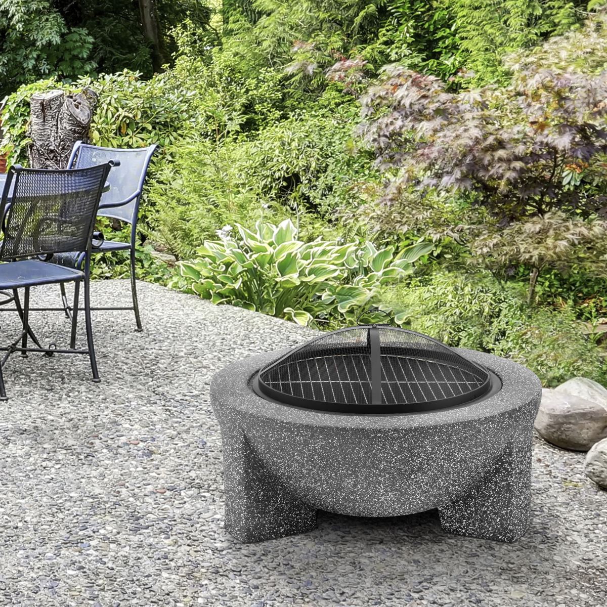 Dellonda Round MgO Fire Pit with BBQ Grill 75cm Mesh Screen Dark Grey DG191