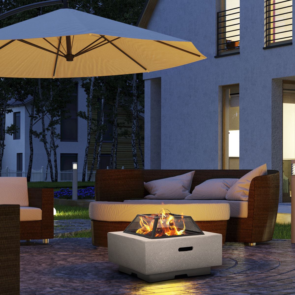 Dellonda Square MgO Fire Pit with BBQ Grill For Wood Charcoal Light Grey DG192