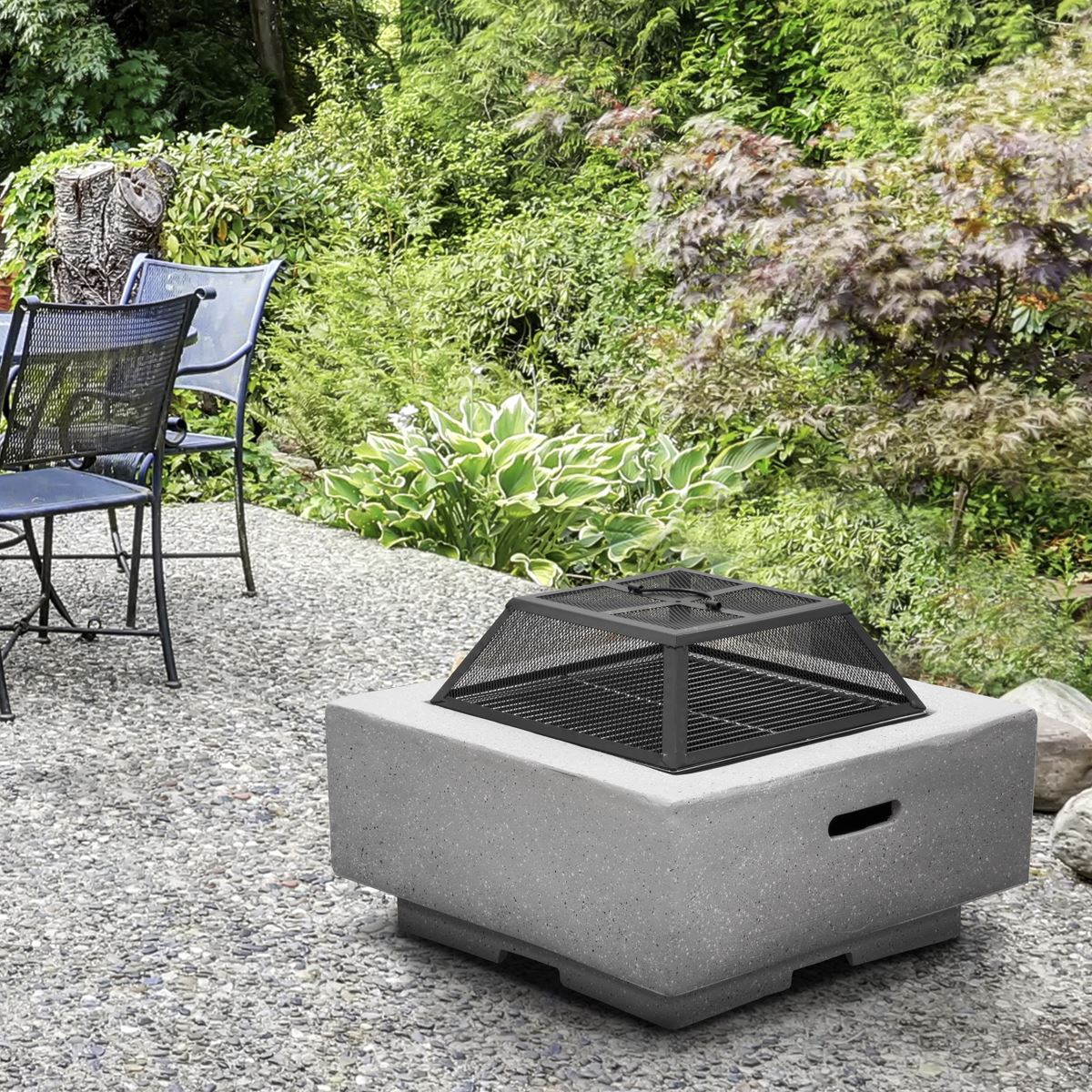Dellonda Square MgO Fire Pit with BBQ Grill For Wood Charcoal Light Grey DG192