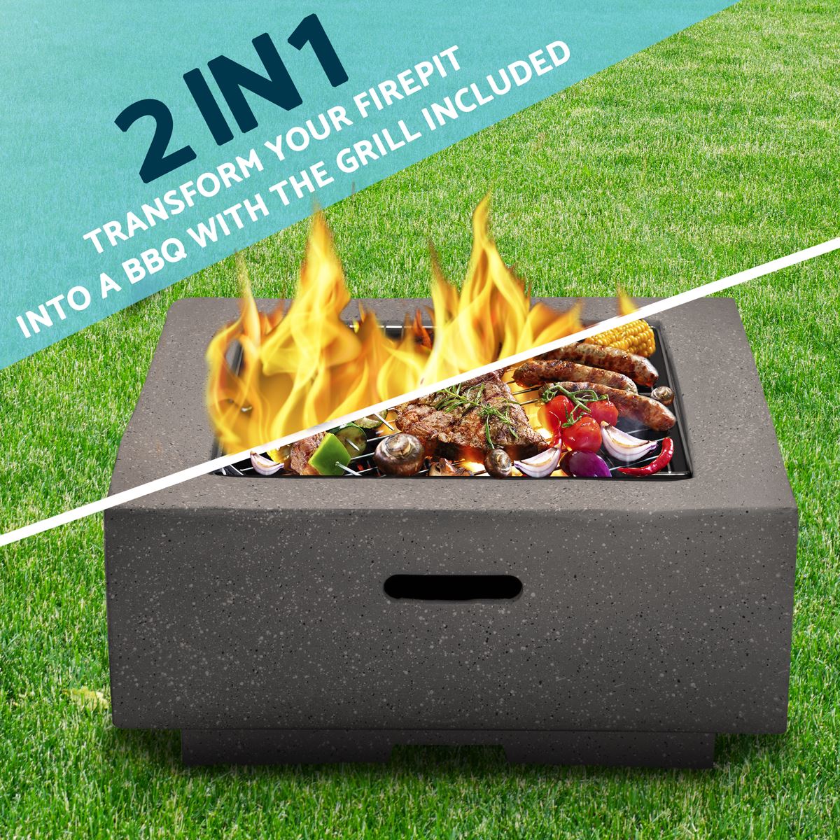 Dellonda Square MgO Fire Pit with BBQ Grill For Wood Charcoal Dark Grey DG193