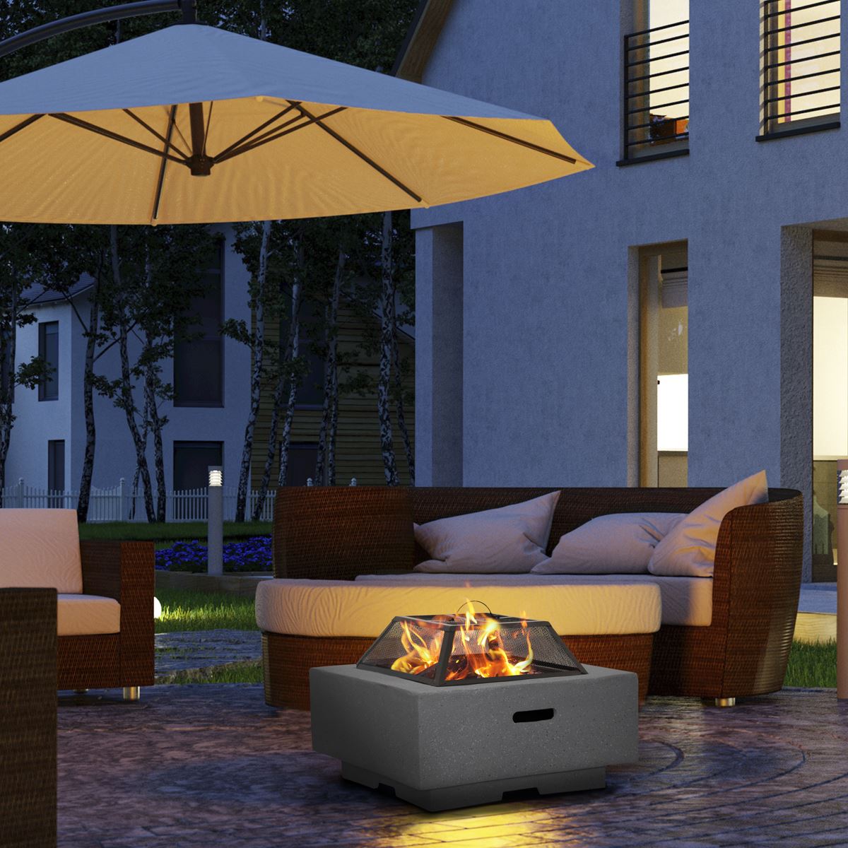 Dellonda Square MgO Fire Pit with BBQ Grill For Wood Charcoal Dark Grey DG193