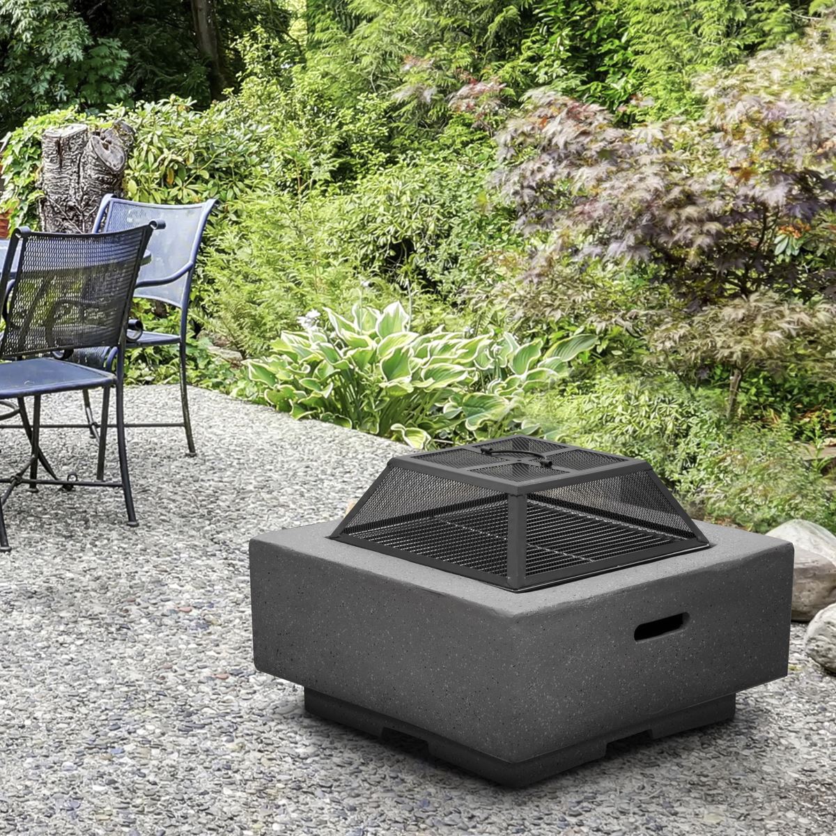 Dellonda Square MgO Fire Pit with BBQ Grill For Wood Charcoal Dark Grey DG193
