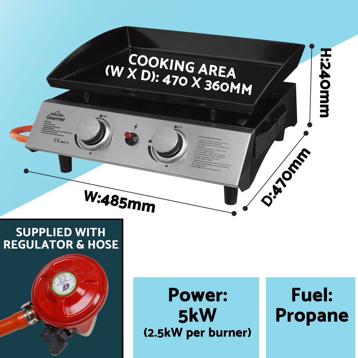 Dellonda 2 Burner Portable Gas Plancha 5kW BBQ Griddle Stainless Steel DG21