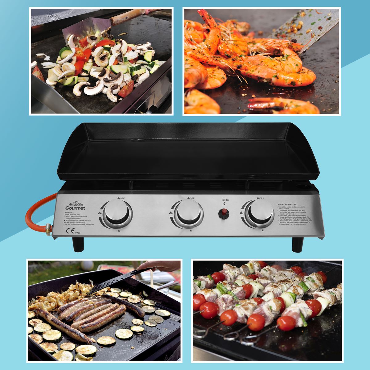Dellonda 3 Burner Portable Gas Plancha 7.5kW BBQ Griddle Stainless Steel DG22