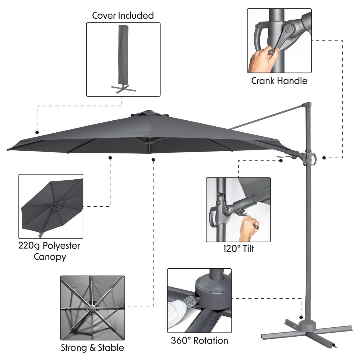 Sealey Dellonda 3m Garden Patio Cantilever Parasol Umbrella Tilt 360 Grey DG267