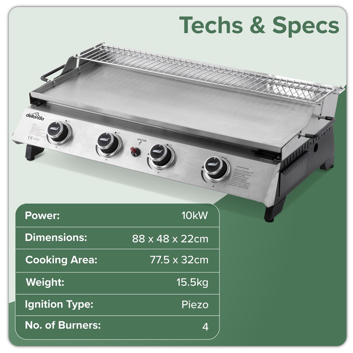 Sealey Dellonda 4 Burner Stainless Steel Portable Gas Plancha Rack 10kW DG277