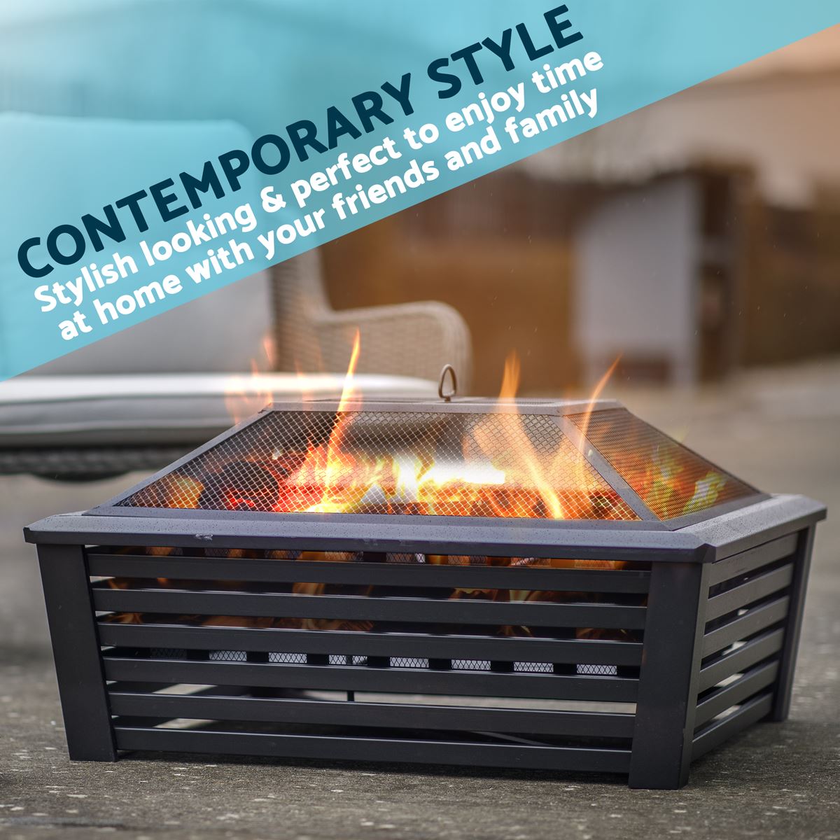 Sealey Dellonda 35" Square Outdoor Fire Pit, Black DG43
