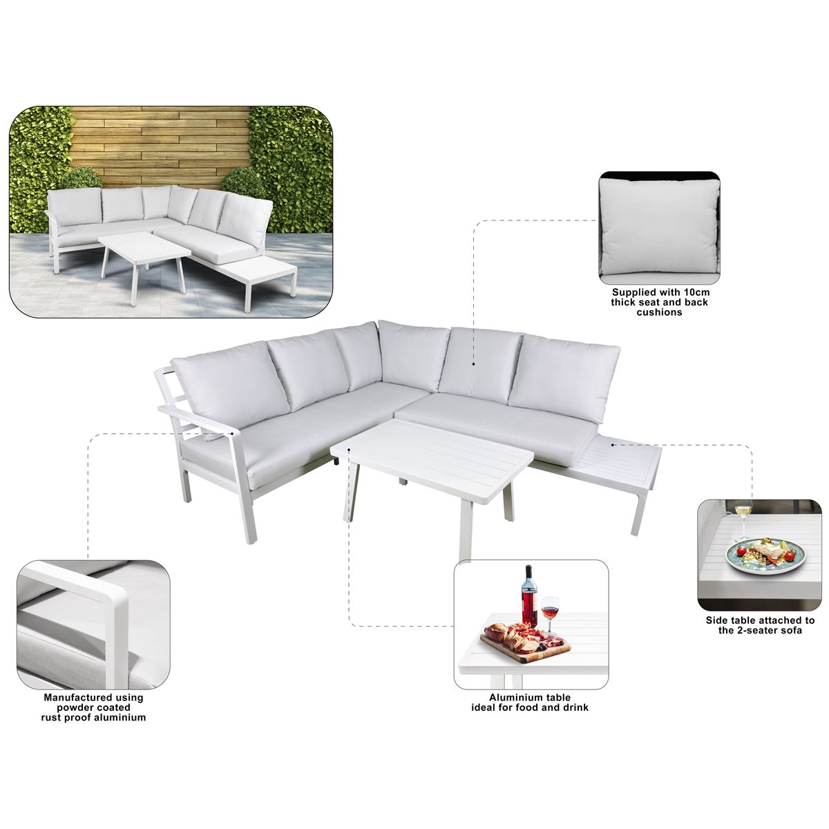 Sealey Dellonda Kyoto White 3 Piece Outdoor Garden Corner Sofa CoffeeTable DG53