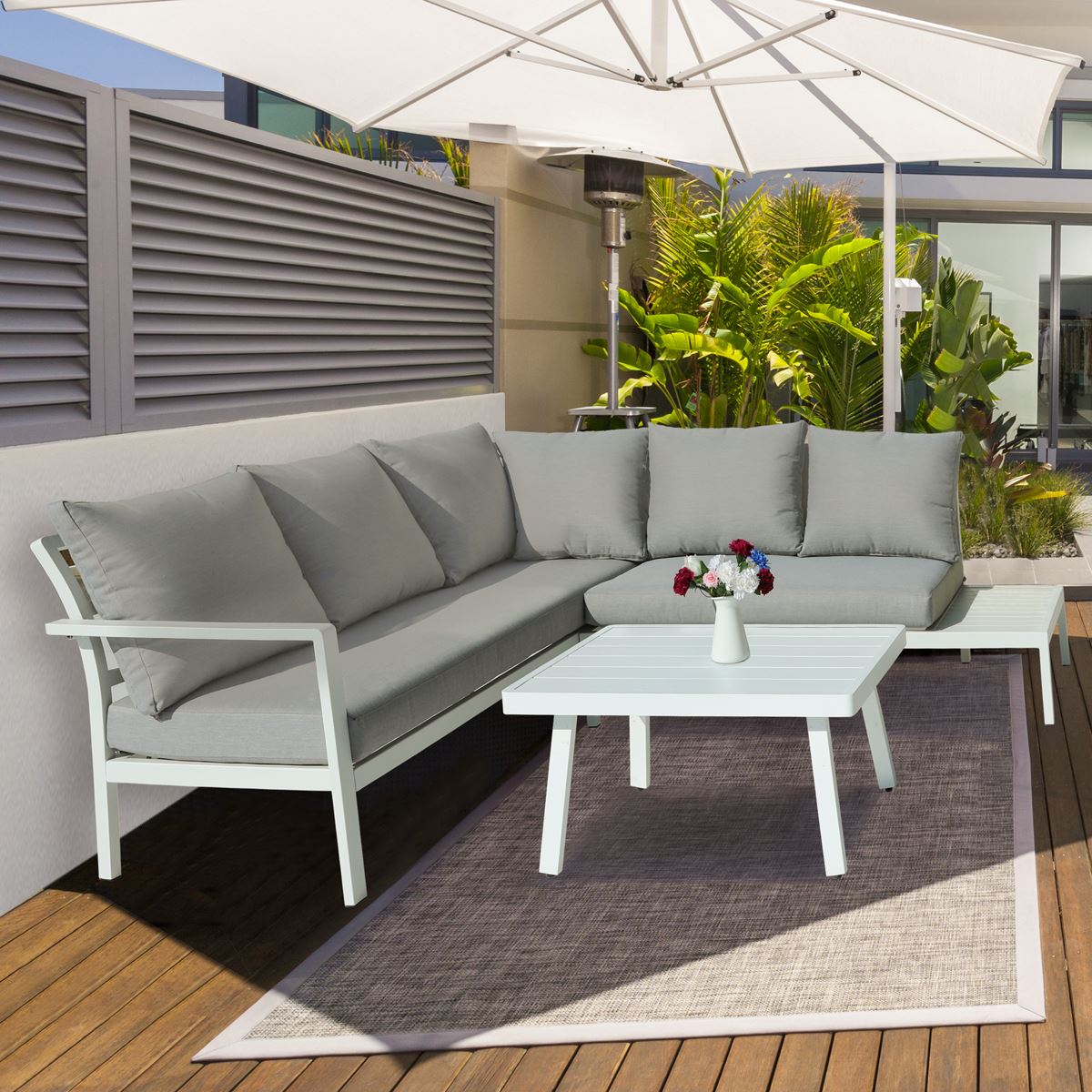 Sealey Dellonda Kyoto White 3 Piece Outdoor Garden Corner Sofa CoffeeTable DG53
