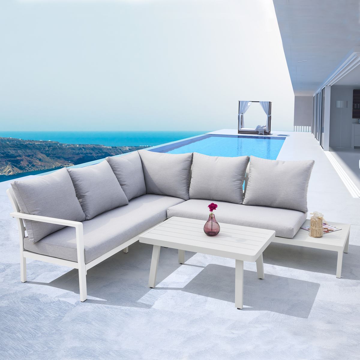 Sealey Dellonda Kyoto White 3 Piece Outdoor Garden Corner Sofa CoffeeTable DG53