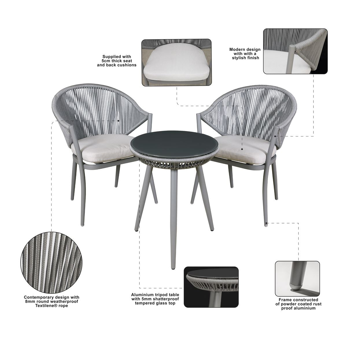 Sealey Dellonda Echo 3pc Aluminium Balcony Set with Tempered Glass Top DG58
