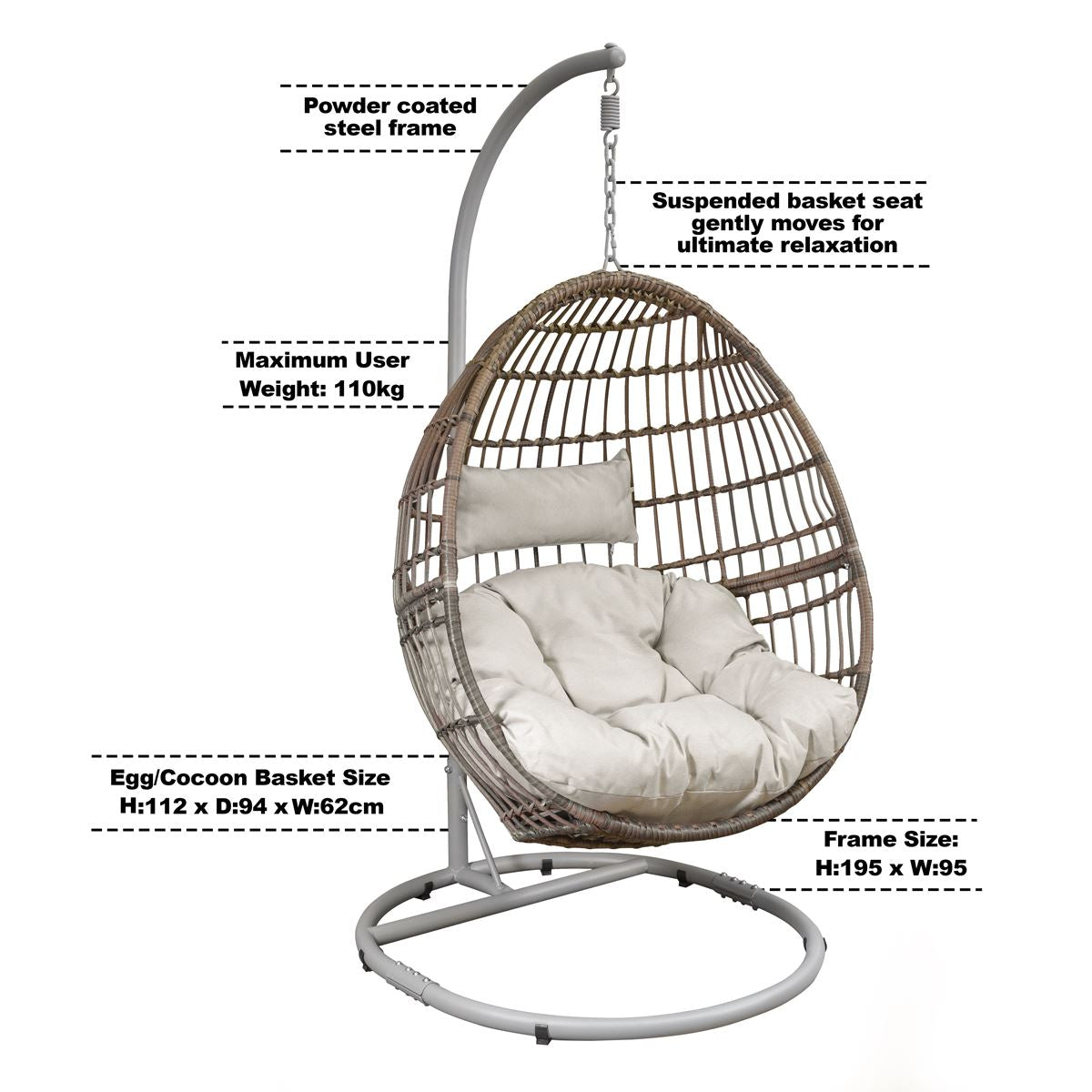 Dellonda Egg Hanging Swing Chair Wicker Rattan Basket Steel Frame Single DG60