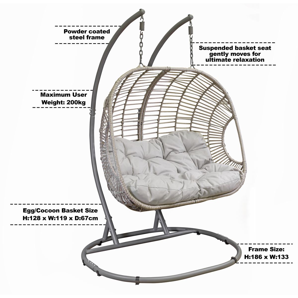 Dellonda Egg Hanging Swing Chair Wicker Rattan Basket Steel Frame Double DG61