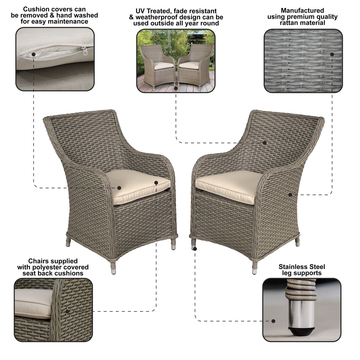 Dellonda Chester Rattan Wicker Garden Dining Chairs with Cushion Brown DG64