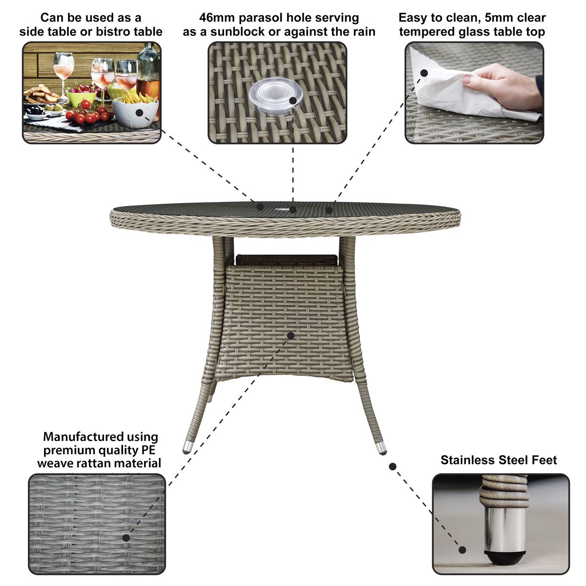 Dellonda Chester Rattan Wicker Outdoor Dining Table Tempered Glass Brown DG66