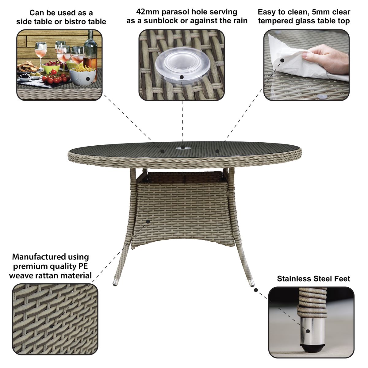 Dellonda Chester Rattan Wicker Outdoor Dining Table with Tempered Glass DG67
