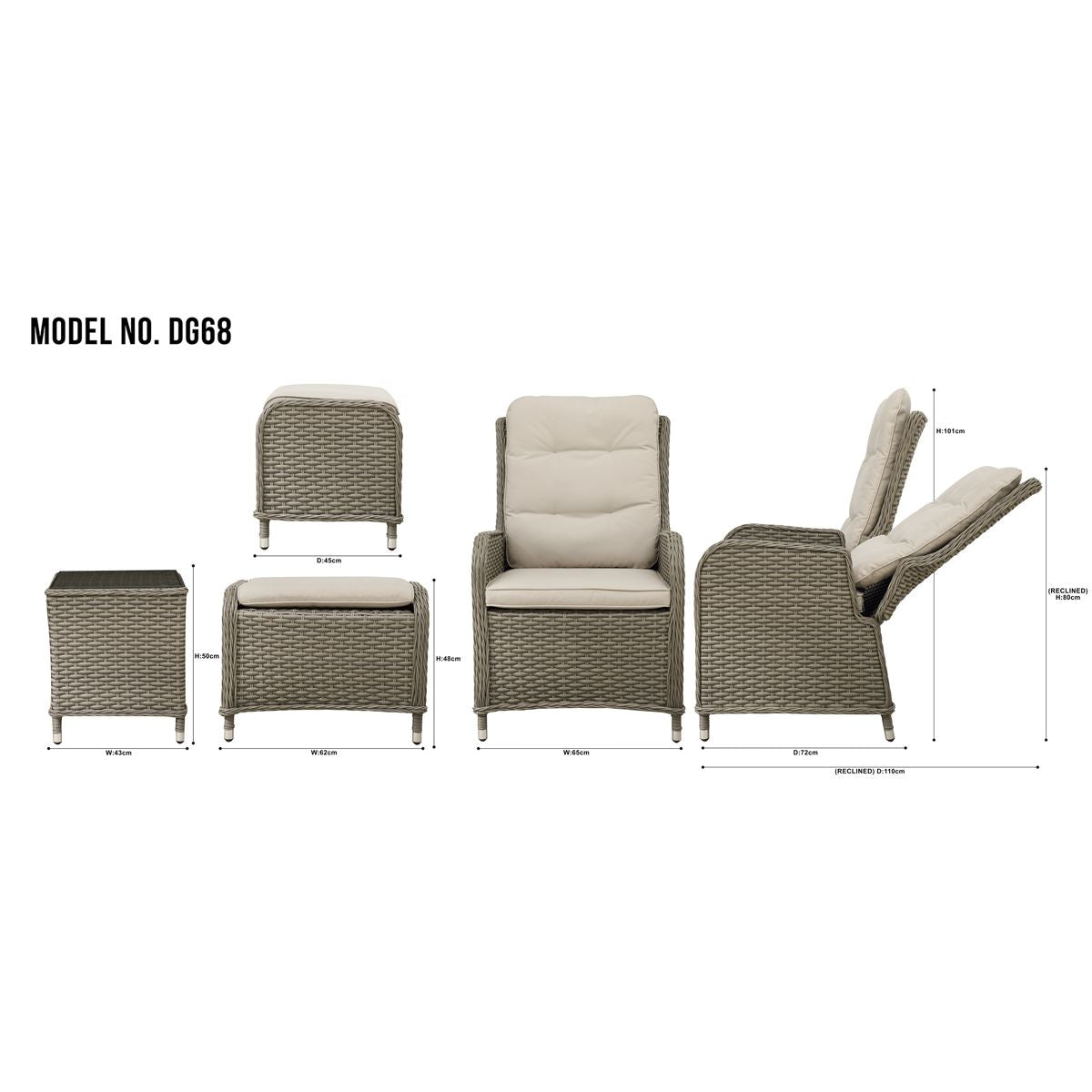 Dellonda Chester Rattan Wicker Outdoor Recliner Seat Coffee Table Brown DG68