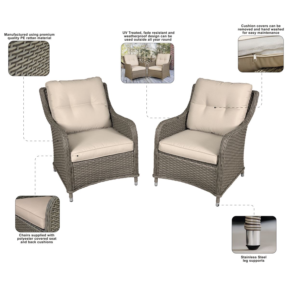 Dellonda Chester Rattan Wicker Outdoor Lounge Chairs with Cushion Brown DG69