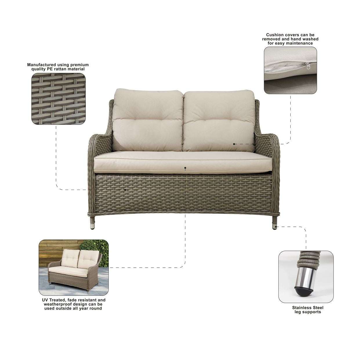 Dellonda Chester Rattan Wicker Outdoor Lounge 2-Seater Sofa Cushions Brown DG70
