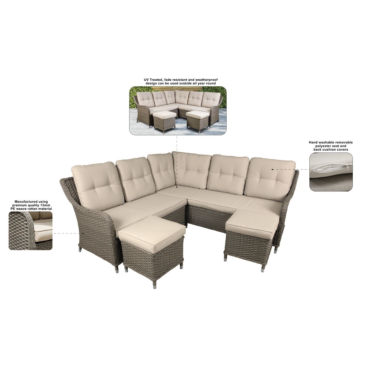 Dellonda Chester Rattan Wicker Outdoor 5 Seat Corner Sofa Set Brown DG72