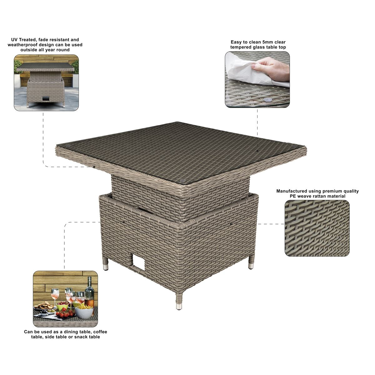 Dellonda Chester Rattan Wicker Adjustable Outdoor Dining Table Brown DG73