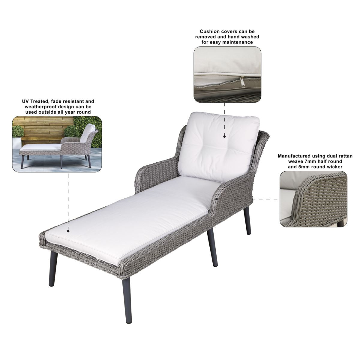 Dellonda Buxton Rattan Wicker Sun Lounger Armrests Washable Cushions Grey DG74