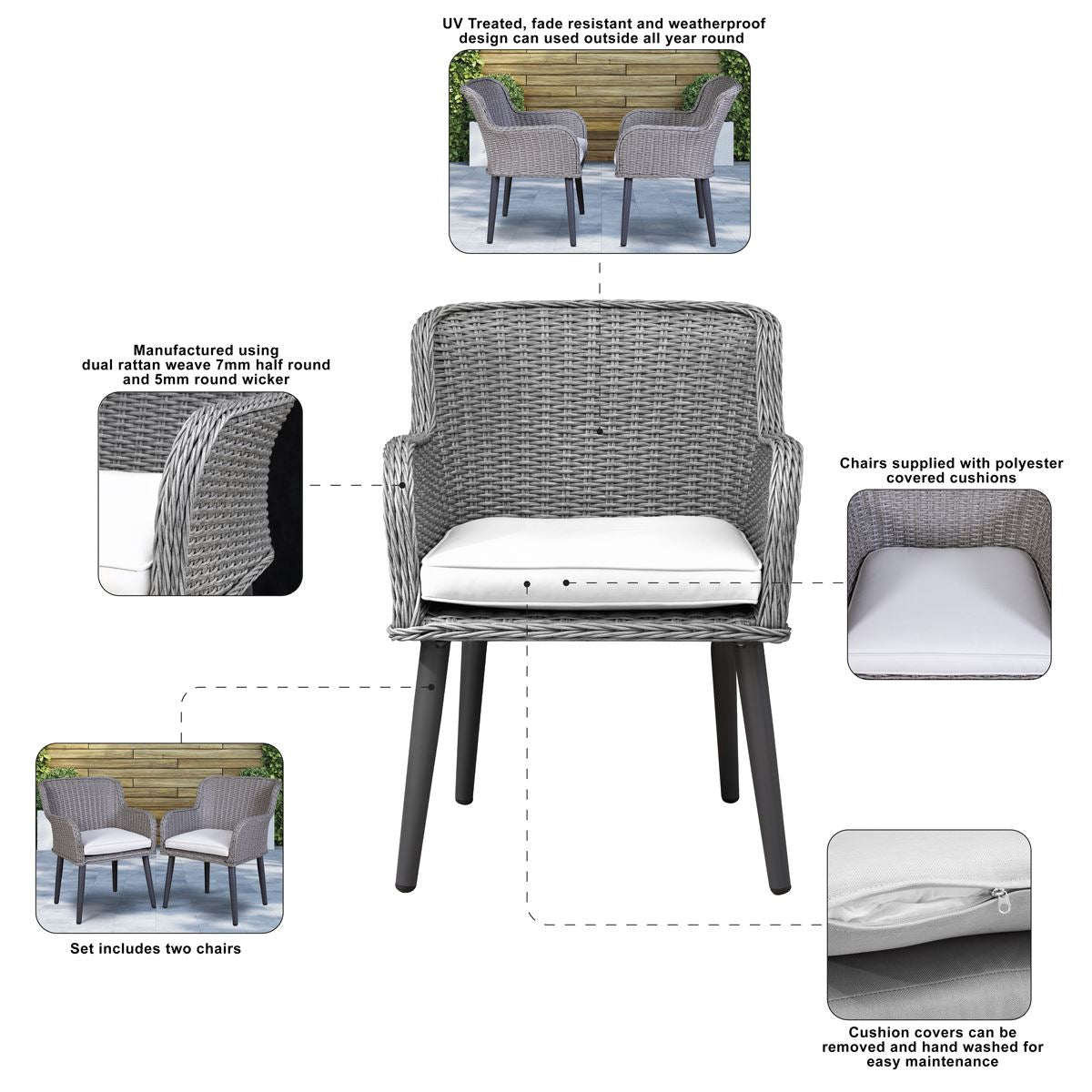 Dellonda Buxton Rattan Wicker Outdoor Dining Armchairs Cushions Set 2 Grey DG76