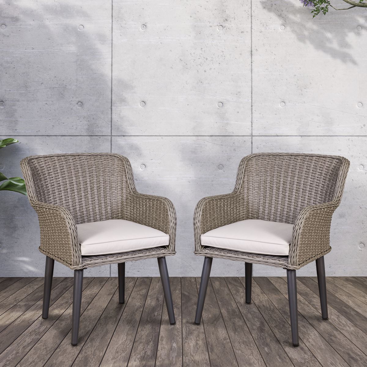 Dellonda Buxton Rattan Wicker Outdoor Dining Armchairs Cushions Set 2 Grey DG76