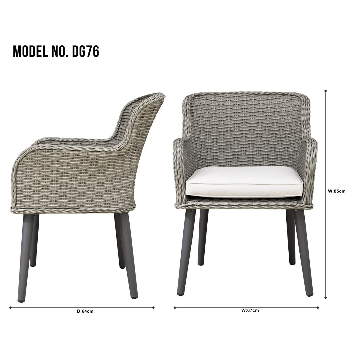Dellonda Buxton Rattan Wicker Outdoor Dining Armchairs Cushions Set 2 Grey DG76